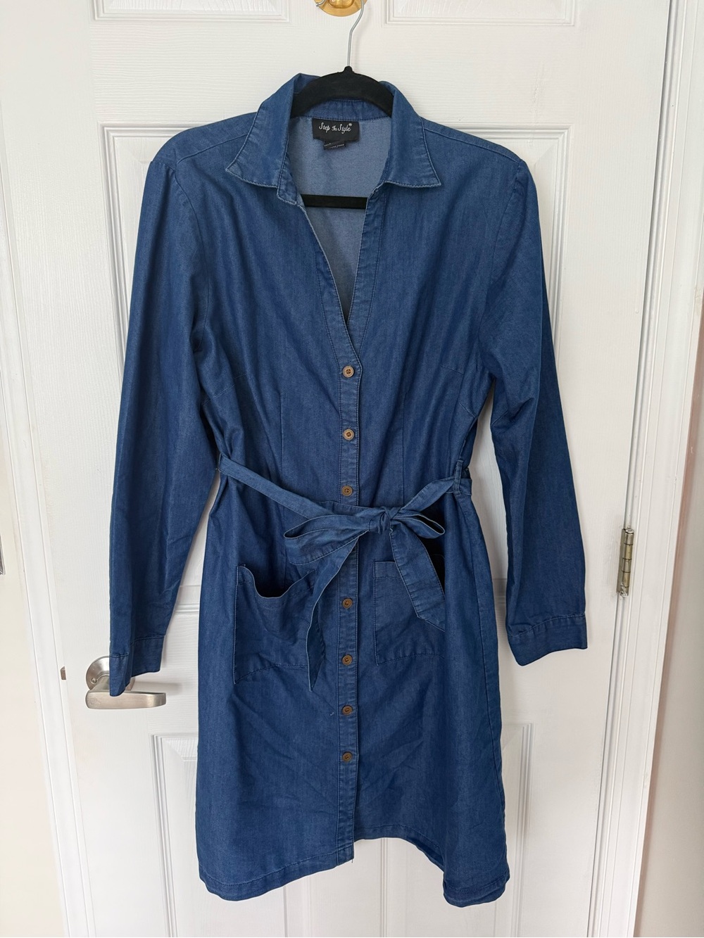 Denim Shirt Dress with Waist Tie - Blue